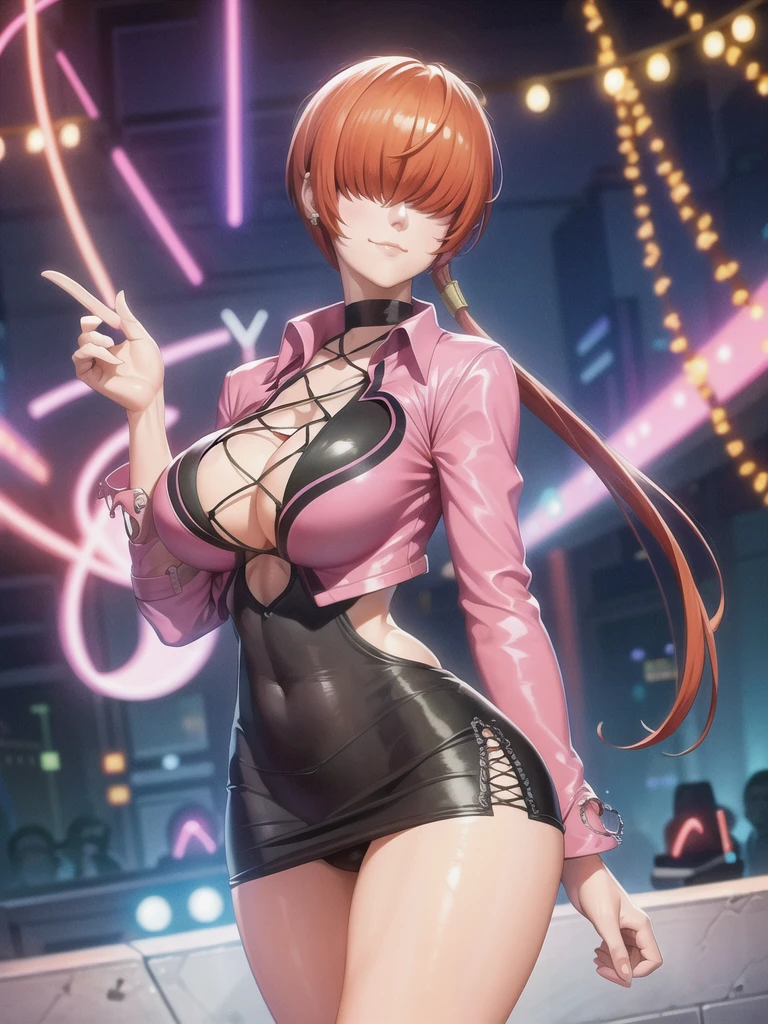 (at night), in a video game scene with a neon background and a neon light, standing at attention, pink suit, pink jacket, choker, neckline, cut of clothing, earrings, has long bangs in her hair that covers eyes ((hair over eyes)), 1 girl, 20 years old, young woman, beautiful finger, beautiful long legs, beautiful body, beautiful nose, beautiful character design, perfect face, looking at the viewer (focusing on her face) , closed mouth, Light_Smile, official art, extremely detailed CG unity 8k wallpaper, perfect lighting, bright and colorful front lighting, glowing skin, (masterpiece: 1.0), (best_quality: 1.0), ultra high resolution, 4K, photography ultra detailed, 8K, HDR, high resolution, absurdities:1.2, Kodak portra 400, film grain, blurred background, bokeh:1.2, lens flare, (vibrant_color:1.2), professional photography, (Beautiful, breasts: 1.4), (beautiful_face: 1.5 ), (narrow waist),
