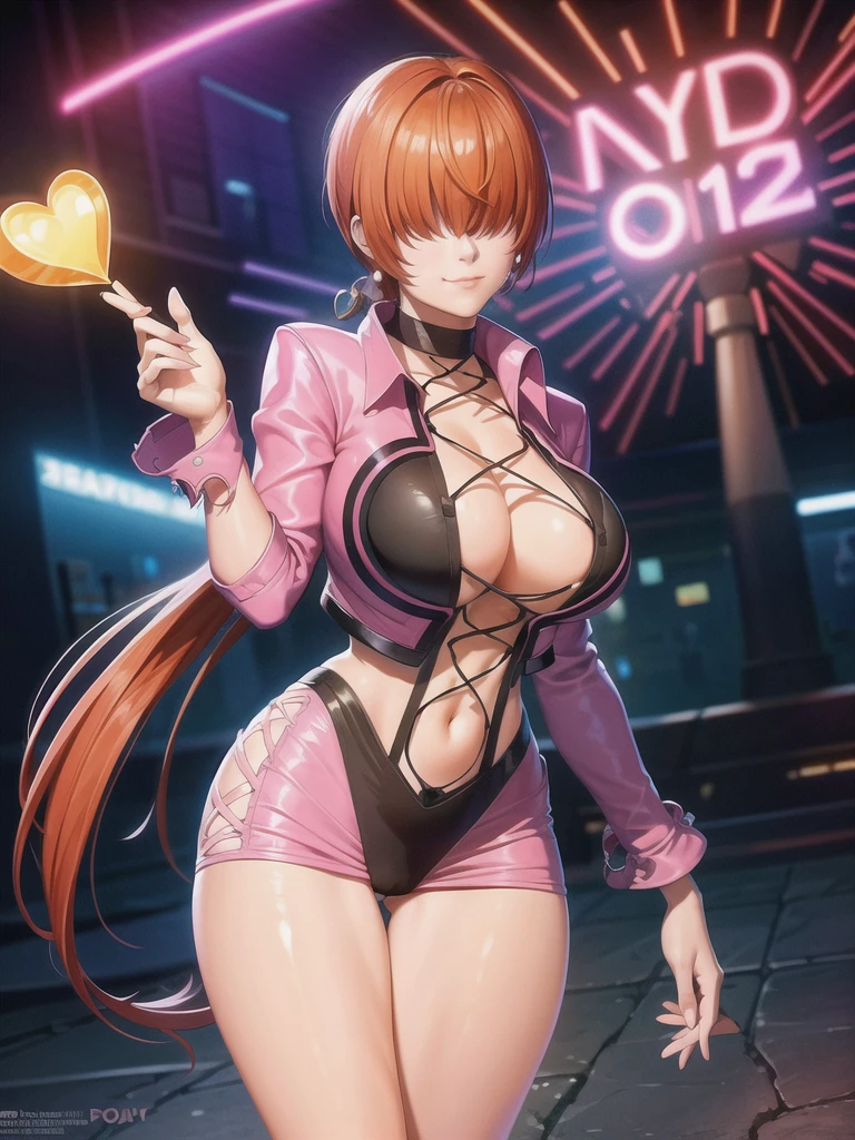 (at night), in a video game scene with a neon background and a neon light, standing at attention, pink suit, pink jacket, choker, neckline, cut of clothing, earrings, has long bangs in her hair that covers eyes ((hair over eyes)), 1 girl, 20 years old, young woman, beautiful finger, beautiful long legs, beautiful body, beautiful nose, beautiful character design, perfect face, looking at the viewer (focusing on her face) , closed mouth, Light_Smile, official art, extremely detailed CG unity 8k wallpaper, perfect lighting, bright and colorful front lighting, glowing skin, (masterpiece: 1.0), (best_quality: 1.0), ultra high resolution, 4K, photography ultra detailed, 8K, HDR, high resolution, absurdities:1.2, Kodak portra 400, film grain, blurred background, bokeh:1.2, lens flare, (vibrant_color:1.2), professional photography, (Beautiful, breasts: 1.4), (beautiful_face: 1.5 ), (narrow waist),
