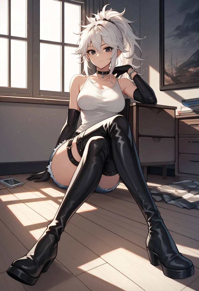 score_9, score_8_up, score_7_up, score_6_up, score_5_up, score_4_up, source_anime, 1woman, white hair, ponytail, black eyes, crossed legs, messy hair, white shirt, jeans shorts, leather bracelet, long gloves, thigh high boots, platforms, emotion, evening, hip strap, watch windows, sitting floor, pictures, rooms, chocker, best quality, best res, 4K UHD,