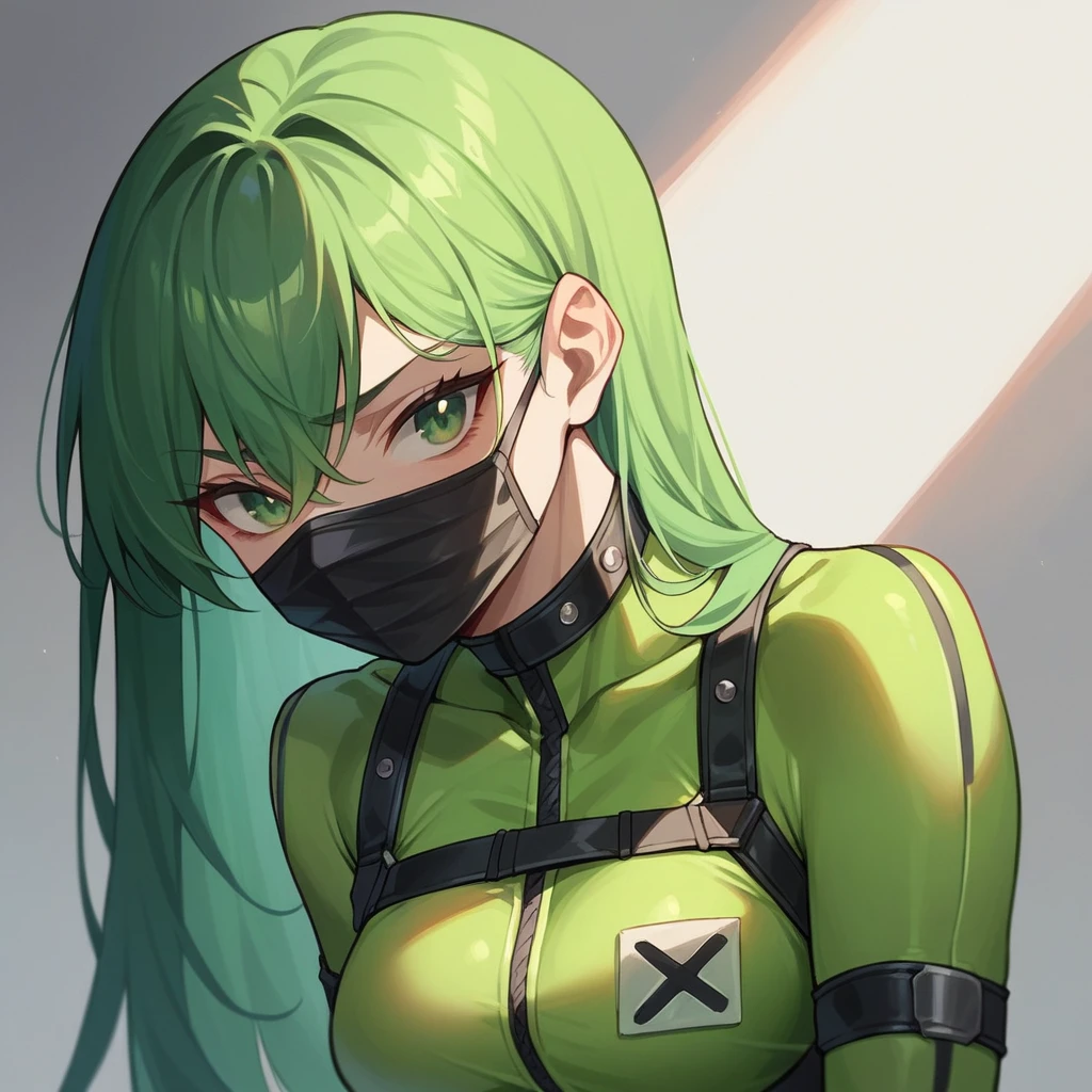 cutie, toxic suit, face masks against toxins , green eyes, long green hair