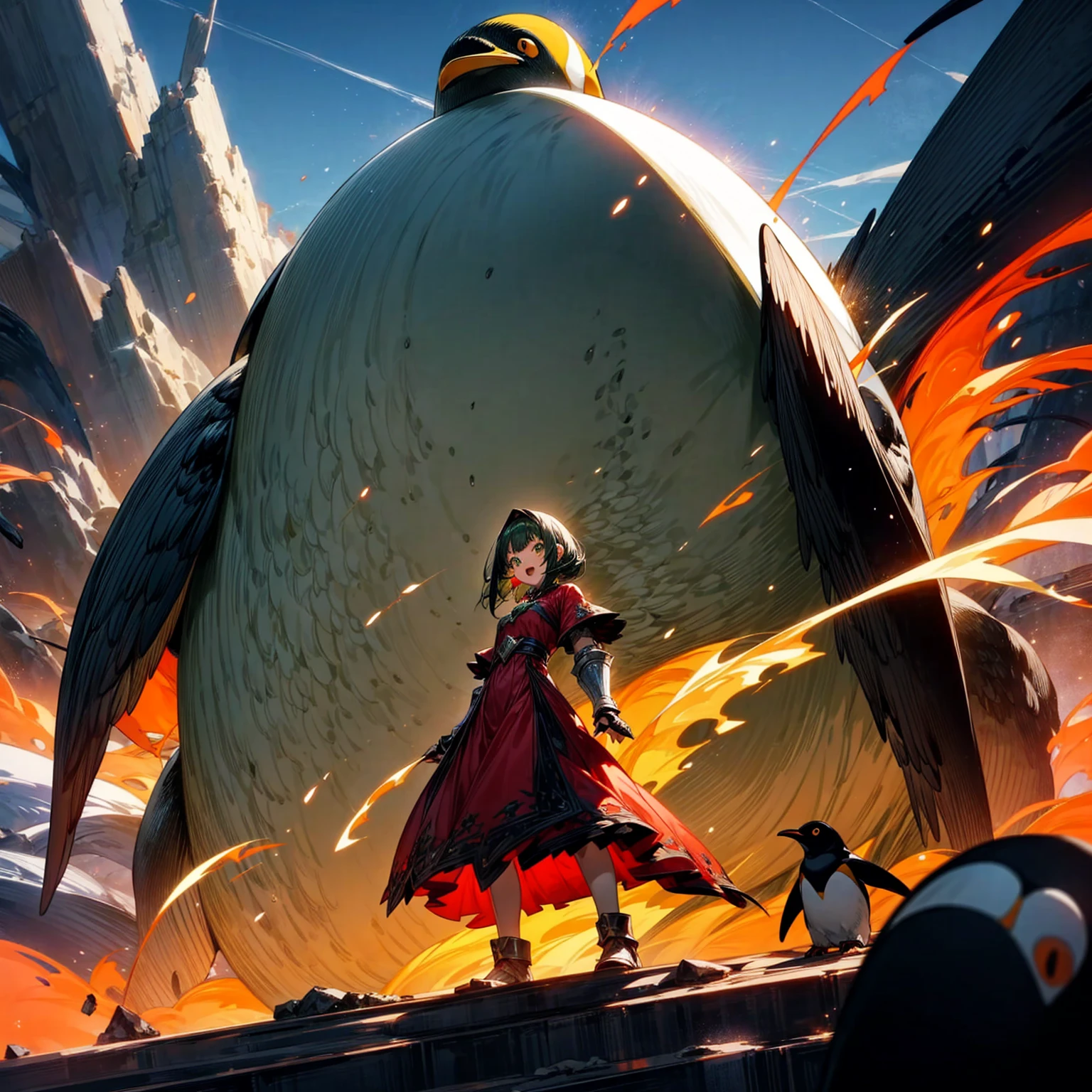 Full body version, one girl sat on his back largest one penguin, one girl has green hair, wavy bob hairstyle, green eyes, red earrings, long dress clothing style, red color clothes, Meanwhile, the penguin is very big, largest body, muscles, Metallic armor in body, wearing head armor, angry penguins, penguins destroy the city, open mouth emitting a large fire laser), (full background of destroyed city, fire, smoke effect, evening silhouette light, bright light from the penguin mouth)