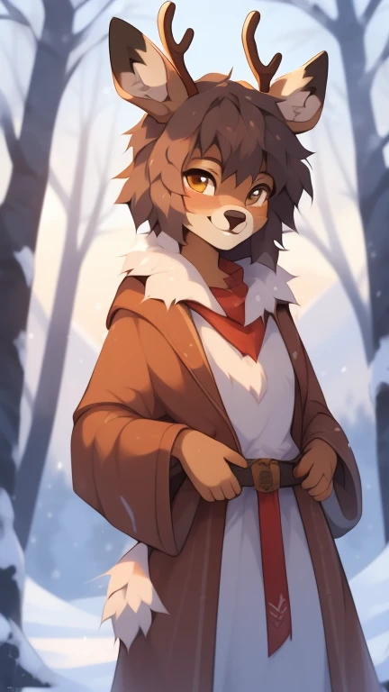 ((by reysi)), Best quality, Super detailed illustration, (fluffy deer boy:1.4) , feminine face and body, disheveled thick hair, warm clothes of the northern peoples, warm colors, decorations on clothes, smug smile, against the backdrop of a winter forest and high snow-capped mountains ,a femboy ,small waist, wide hips, slim, perfect body, DND Style