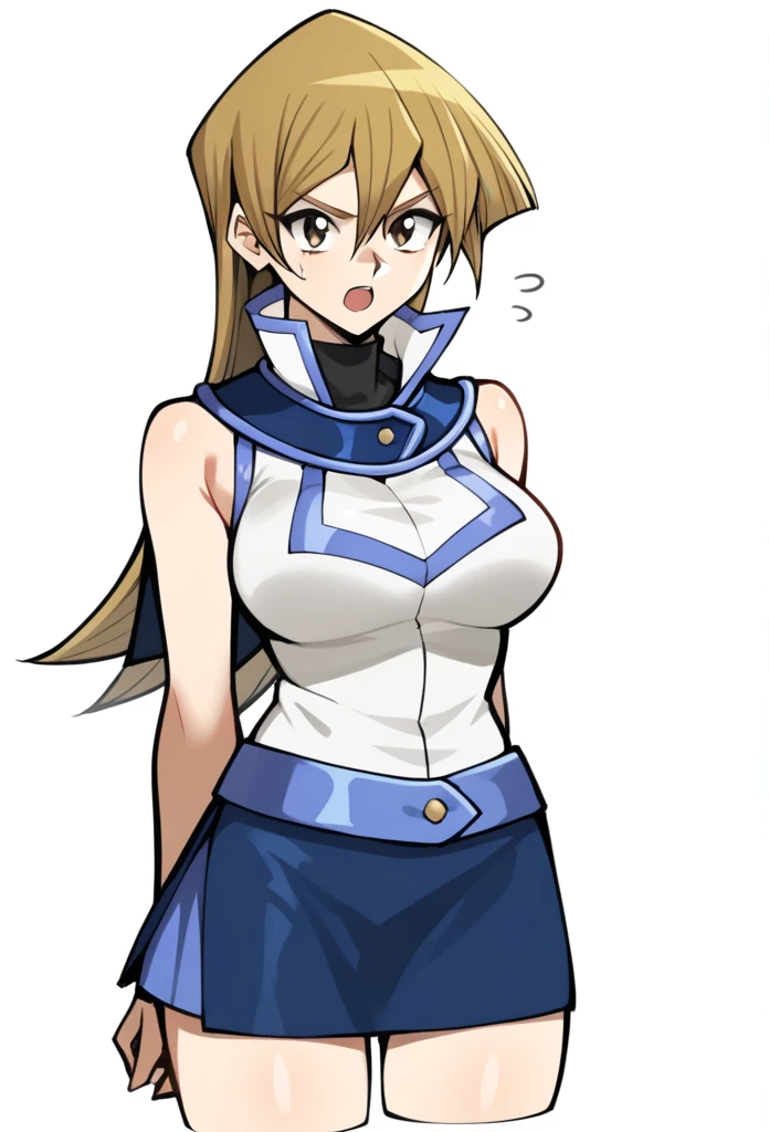 score_9,score_8_up,score_7_up,1girl, arm_behind_back, blonde_hair, brown_eyes, closed_mouth, cropped_torso, duel_academy_uniform_\(yu-gi-oh!_gx\), hair_between_eyes, highres, medium_breasts, simple_background, sketch, sleeveless_jacket, solo, straight_hair, tenjouin_asuka, turtleneck, very_long_hair, white_background, white_jacket, huge , big breast, sexy, mini skirt, sexy legs, angry, open mouth, 