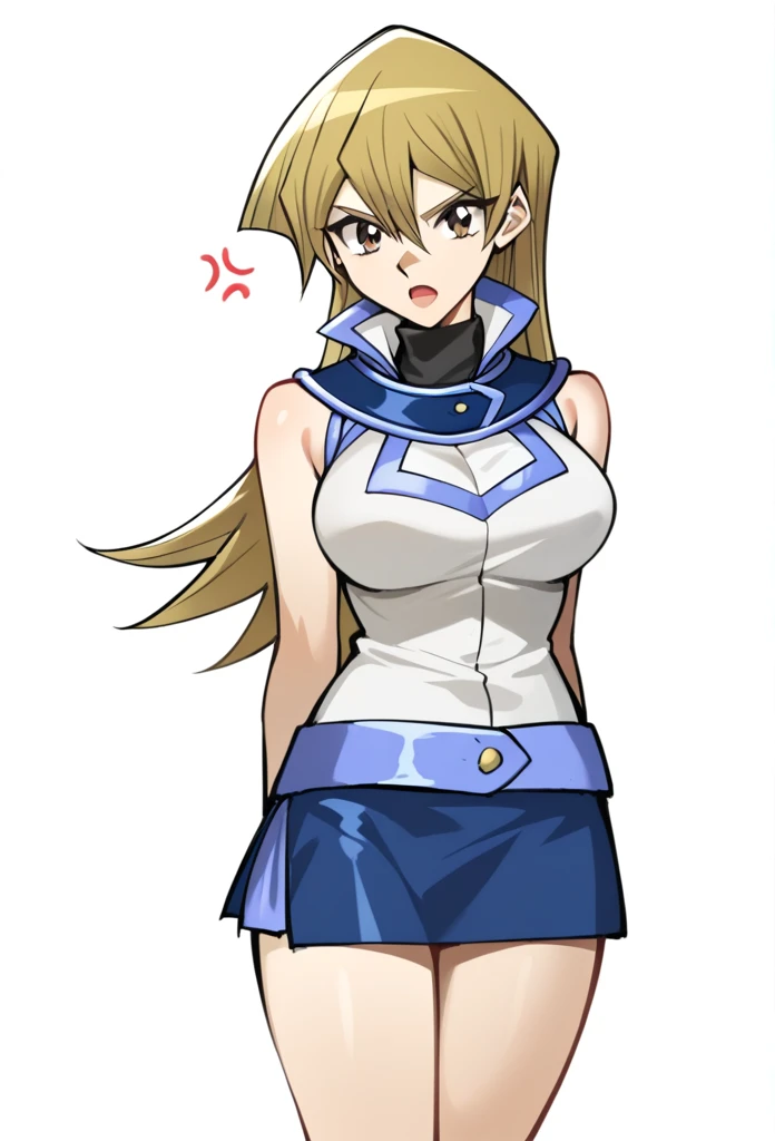 score_9,score_8_up,score_7_up,1girl, arm_behind_back, blonde_hair, brown_eyes, closed_mouth, cropped_torso, duel_academy_uniform_\(yu-gi-oh!_gx\), hair_between_eyes, highres, medium_breasts, simple_background, sketch, sleeveless_jacket, solo, straight_hair, tenjouin_asuka, turtleneck, very_long_hair, white_background, white_jacket, huge , big breast, sexy, mini skirt, sexy legs, angry, open mouth, 