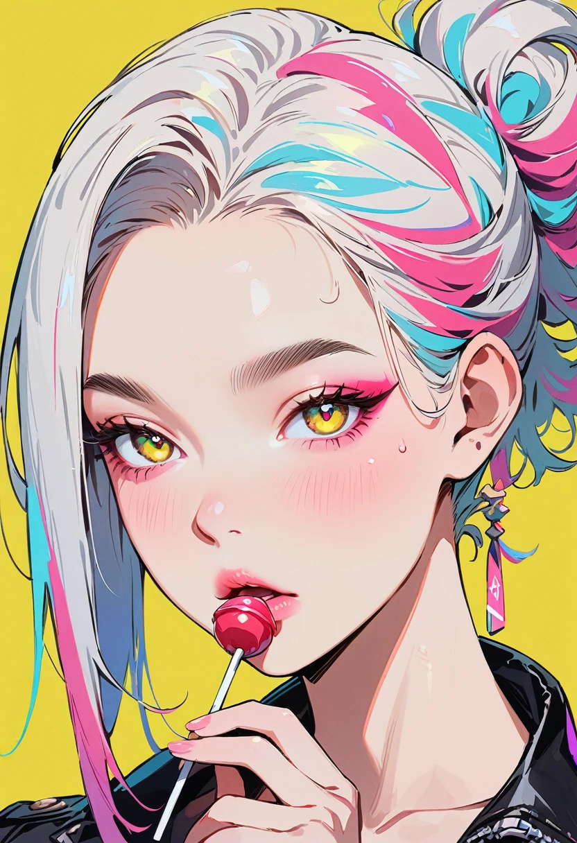 (masterpiece, best quality:1.2), 1 girl, 独奏, Anime style, Heterochromia, Grinning, lips pink, Stick out your tongue, Tongue Stud, Cyberpunk style makeup, Different color hair, Highlights, Long bangs on one side, Purple and pink background.
