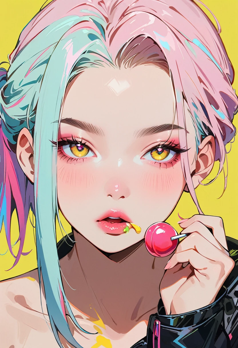 (masterpiece, best quality:1.4), 1 girl, 独奏, Anime style, Colorful pupils, Blurred eyes, Eat Lollipop, Pink lower lip, Cyberpunk style makeup, Short silver asymmetrical hair, Asymmetrical short hairstyle, Long bangs on one side, Color highlights, Black off-the-shoulder leather jacket, Pure yellow background.
