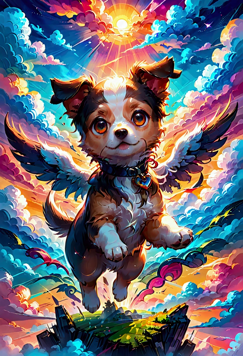 1dog, Flying Puppy, in the middle of the sky, in the sky, a cute puppy flying in the sky, fluffy fur, big eyes, adorable expression, against a colorful sunset sky, (4k,8k,highres:1.2), ultra-detailed, highly detailed, intricate details, soft lighting, warm colors, magical realism, fantasy, masterpiece, best quality, very aesthetic, absurdres