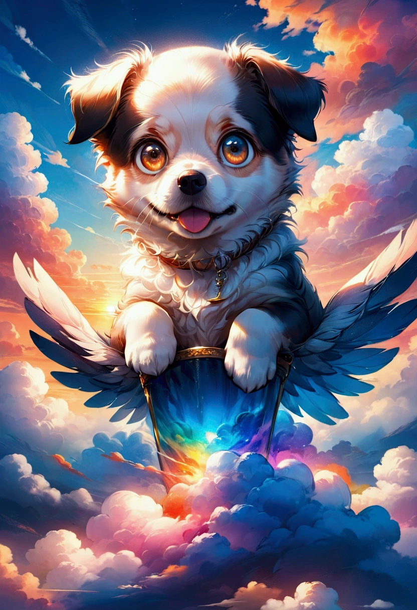 1dog, Flying Puppy, in the middle of the sky, in the sky, a cute puppy flying in the sky, fluffy fur, big eyes, adorable expression, against a colorful sunset sky, (4k,8k,highres:1.2), ultra-detailed, highly detailed, intricate details, soft lighting, warm colors, magical realism, fantasy, masterpiece, best quality, very aesthetic, absurdres