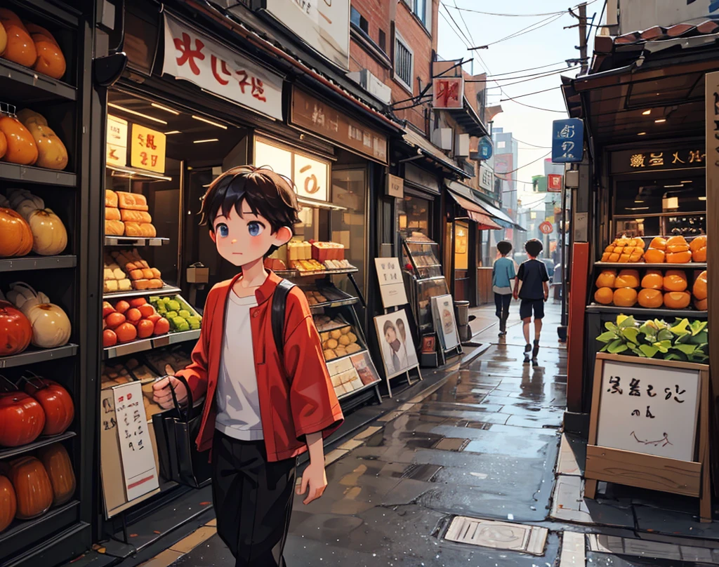 "Villager ( boy) wanders through the busy city streets, observing shops and attractions."