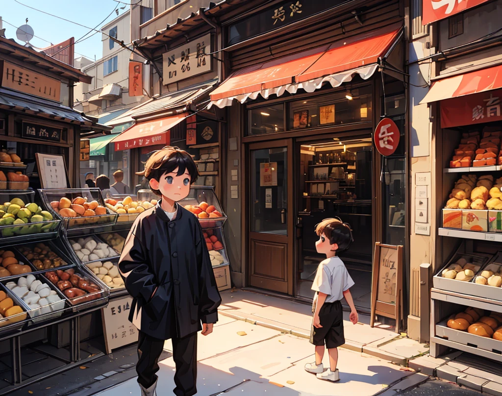 "Villager ( boy)  wanders through the busy city streets, observing shops and attractions."