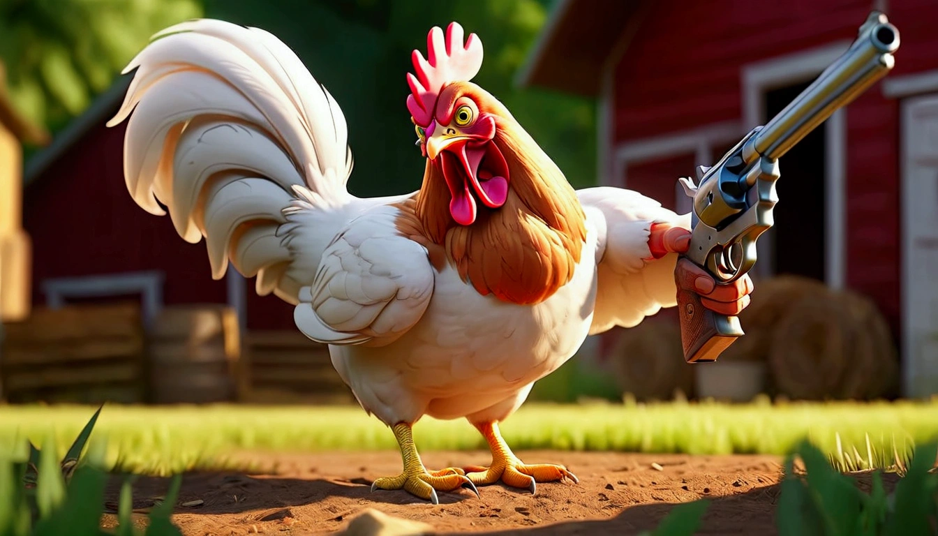 An angry hen with a pistol in its hand is coming towards the camera, it is on a farm, surrounded, Full HD, Best Quality