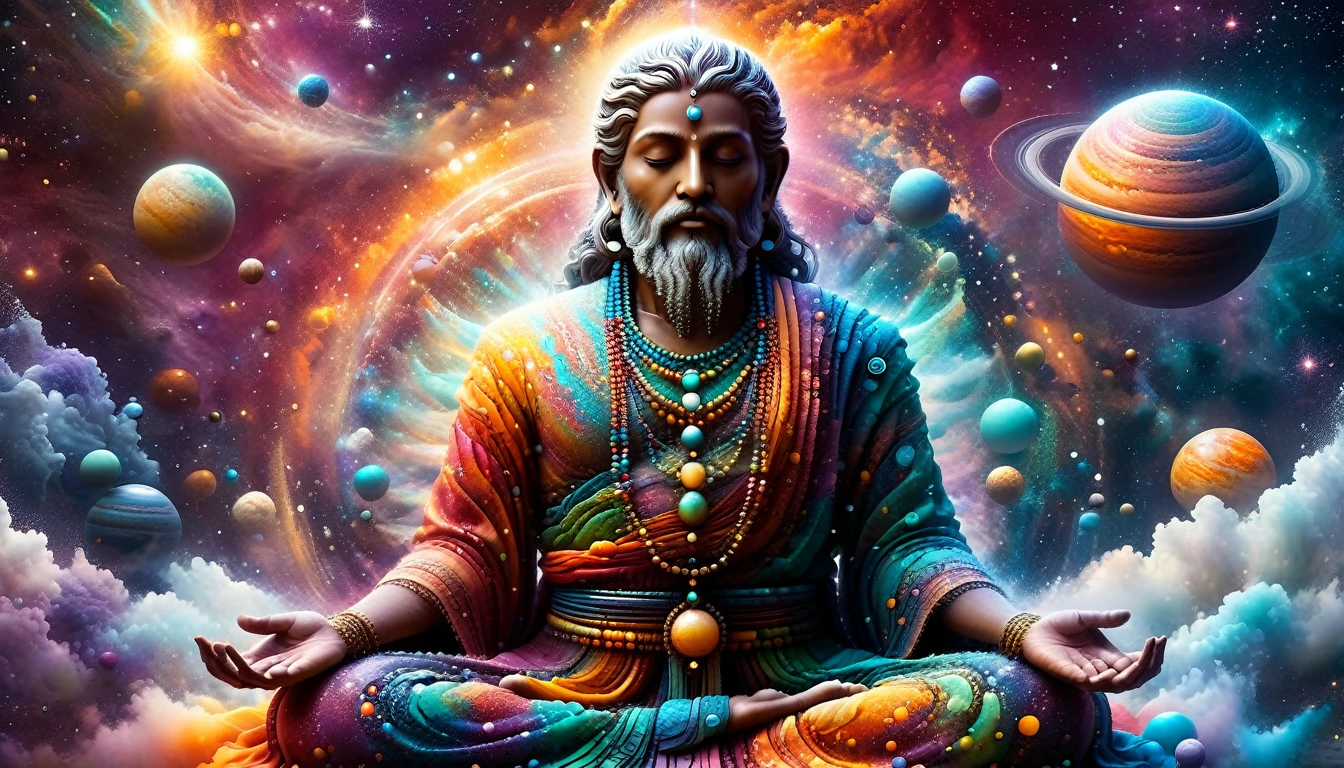 Crie uma imagem no estilo xilogravura quantum art arte digital arte surreal que retrate uma figura mística que foi escolhida pelos deuses,chosen one, with divine characteristics, a figura e um chosen one pelos deuses da espiritualidade,the figure is shrouded in clouds looking at the planets and ancestral signs,quantum art,the figure may be meditating,or praying, Use a vibrant color palette, to create heavenly contrast and a stunning visual effect