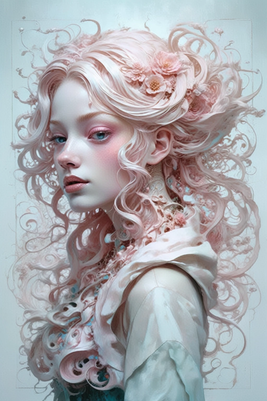 Cinematic, photorealistic of albino girl, vibrant cyan white pink colors, fantasy, warm tone, surreal, 8k resolution photorealistic masterpiece by Aaron Horkey and Jeremy Mann, professional photography, volumetric lighting maximalist photoillustration by marton bobzert, 8k resolution concept art intricately detailed, complex, elegant, expansive, fantastical, mythical clouds