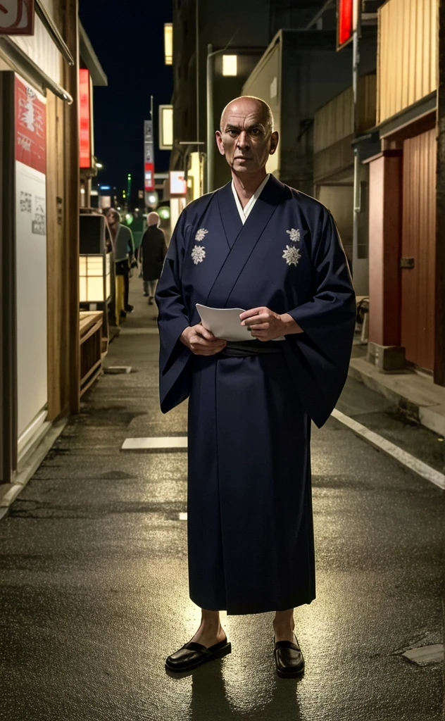 Full Body Shot、8k、Ultra HD、Horror-themed movie stills,Standing eerily in the middle of the city at night、A short, skinny, bald old man wearing a traditional Japanese kimono with narrow eyes and a large head、