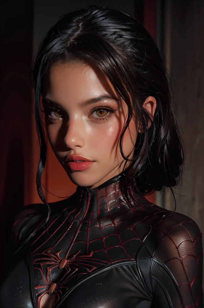 a girl in a spider-man swimsuit, beautiful detailed eyes, beautiful detailed lips, extremely detailed face and body, long eyelashes, detailed spider-man costume, minimal clothing, photorealistic, 8k, high quality, hyper detailed, vibrant colors, dramatic lighting, dynamic pose, professional photography