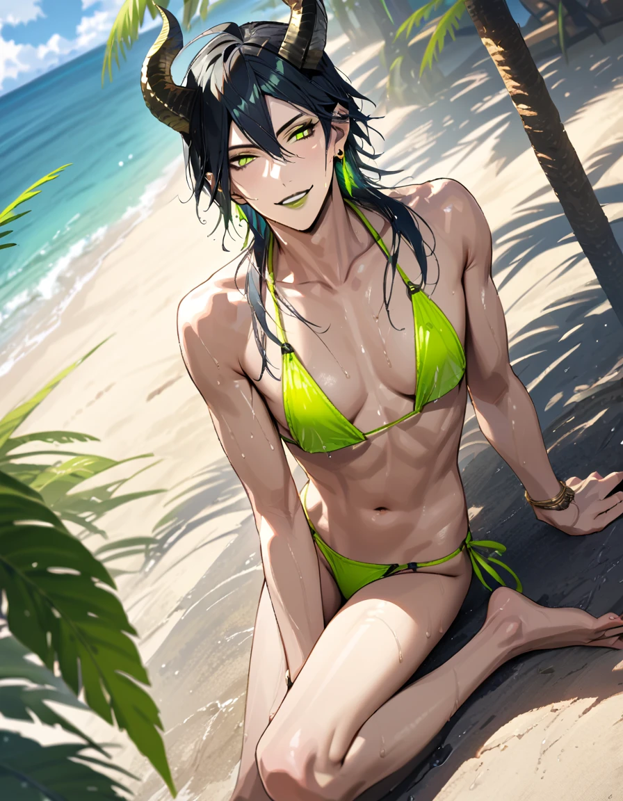 masterpiece, highres, absurdres, illustration, ((masterpiece:1.4, best quality)), (Ultra detailed background), 1boy, handsome man, highly detailed beautiful face and eyes, beautiful eyes, (sharp detail:1.3), shiny, earrings, bracelet, (wet bikini:1.3), Bari, Cebu Island, plumeria, near the beach, 1boy, sitting on floor, dynamic angle, full body, malleus draconia (twisted wonderland) horns, bishounen, boy, male, yana Toboso style, long hair, black hair, yellow green eyes, smile, gray lips, handsome, skinny, tall, yellow green glow,AddXL