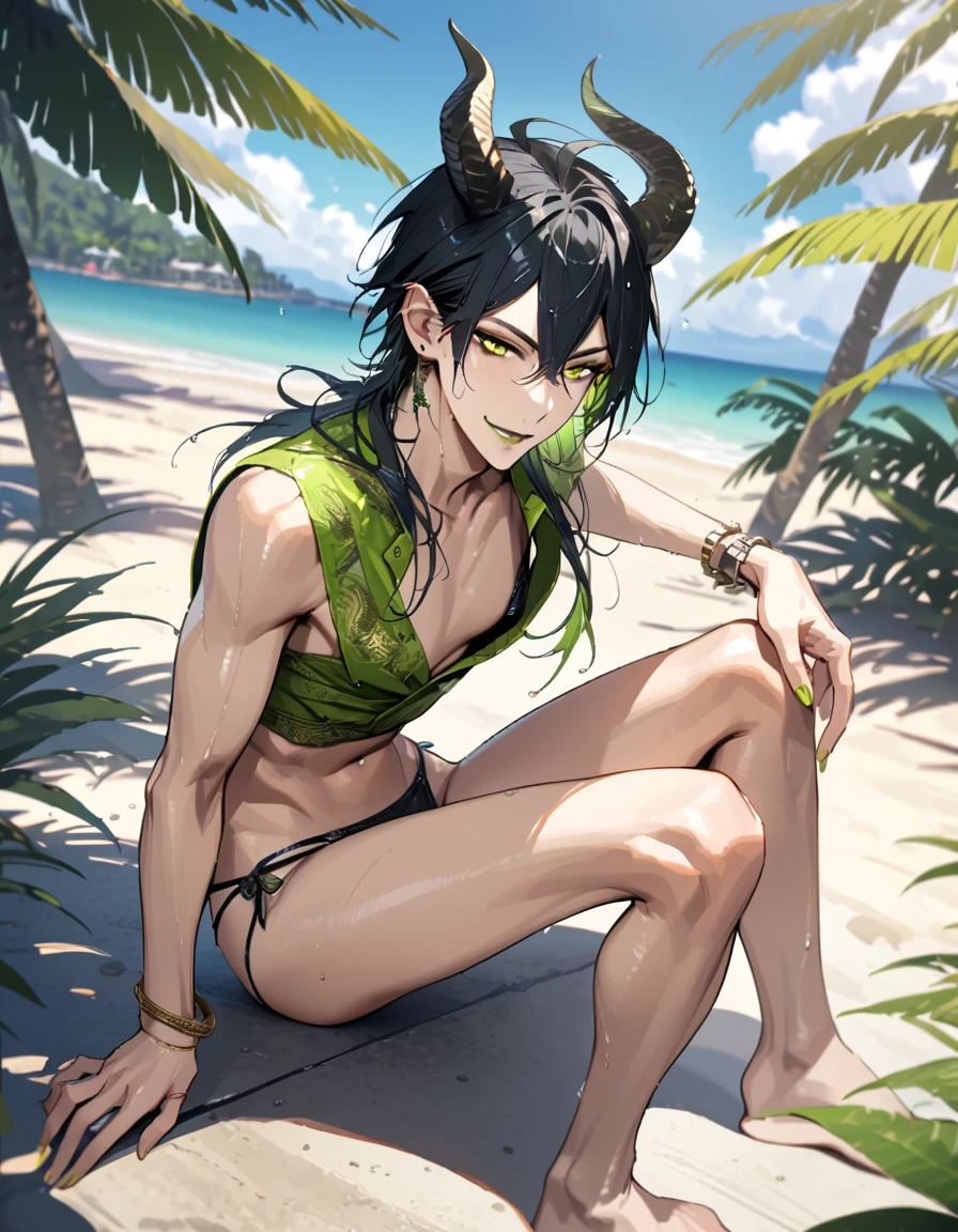 masterpiece, highres, absurdres, illustration, ((masterpiece:1.4, best quality)), (Ultra detailed background), 1boy, handsome man, highly detailed beautiful face and eyes, beautiful eyes, (sharp detail:1.3), shiny, earrings, bracelet, (wet bikini:1.3), Bari, Cebu Island, plumeria, near the beach, 1boy, sitting on floor, dynamic angle, full body, malleus draconia (twisted wonderland) horns, bishounen, boy, male, yana Toboso style, long hair, black hair, yellow green eyes, smile, gray lips, handsome, skinny, tall, yellow green glow,AddXL