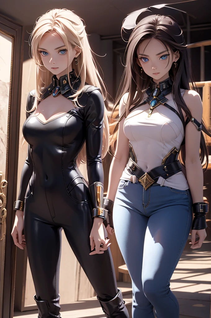 (((Masterpiece))) 1woman, 30yo, sexy and sensual, (((perfect sexy body))), (((beautiful face))), (((big esposed tits))), wearing a short leather skirt, Two pistols on the belt ,a leather thinny t- shirt, black leather Bracelets on forearms,black leather knee-high boots, looks like an Amazon from the future, blond long hair, (((beautiful thighs))))