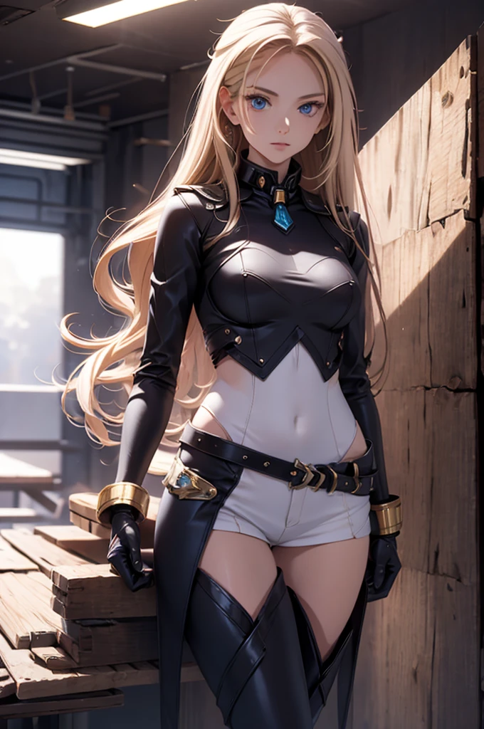 Anime style female character inspired by vintage space opera aesthetics, with elongated facial features, 165 cm tall, having blond, waist-length, wavy hair with V bangs, and blue eyes. She is wearing tight skinny jeans with high boots over them, adding an equestrian touch to her ensemble. The character's design reflects a blend of space opera elements and a realistic body proportion, highlighting her strong yet feminine presence.