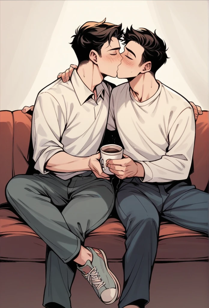 Wife sitting on Man’s legs flirting an kissing , dating coffee, club coffe couch, man sitting nearby takin* photos