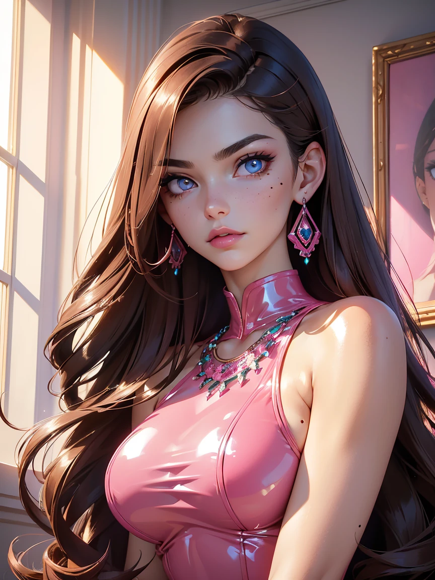 ((Brunette))), (pink eyes), blue necklace, green earrings, Fit, Gorgeous Body, gorgeous, brown eyebrows, (two moles over lip), big pupils, (18 years old), complex skin, warm light, 5 fingers, ((detailed face, best quality)), ((masterpiece)), ((ultra-detailed)), (beautiful detailed eyes), pink lip, eyeshadow, beautiful face, long hair, very detailed eyes, intricate details in eyes, perfect lips, good lighting, ((hot latex)), long hair, detailed face, mean smirk, evil face, ((in a pink bedroom)), ((masterpiece: 1.4, full body)),