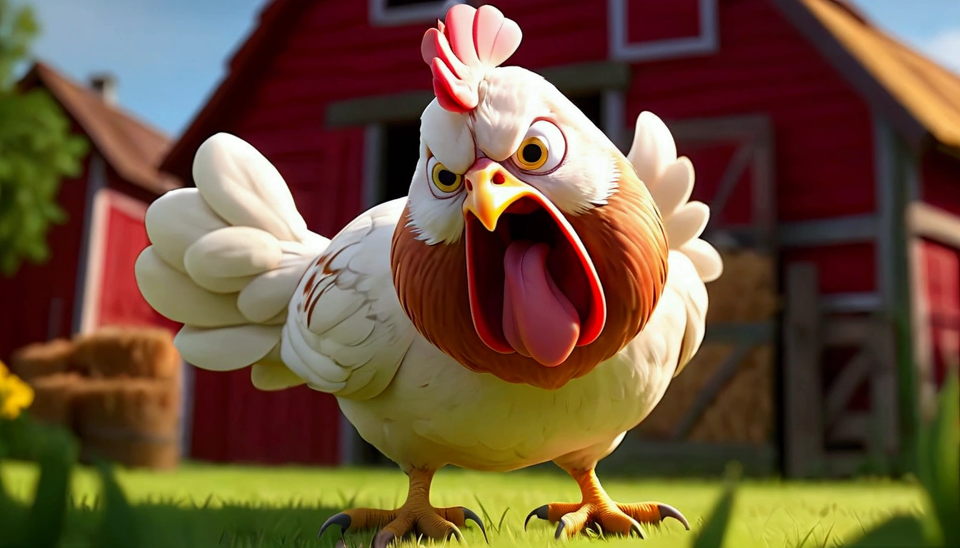 An angry and cartoon hen with a pistol in its hand is coming towards the camera, it is on a farm, surrounded, Full HD, Best Quality