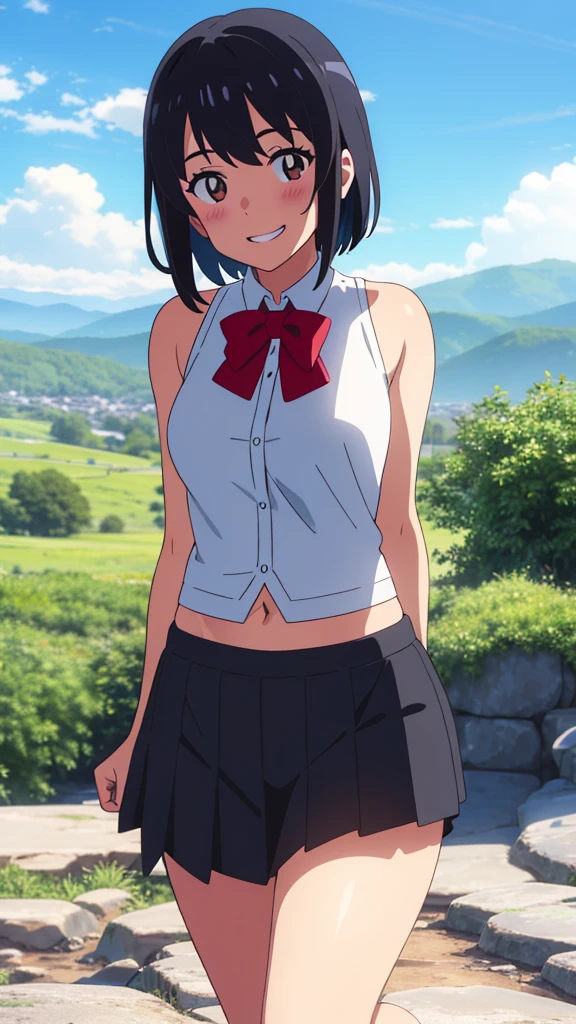 shinkai makoto, kimi no na wa., 1girl, bangs, black hair, blush, expressive eyes, brown eyes, perfect face, looking at the viewer, white shirt, exposed navel, bare shoulders, red headband, red bow, black skirt, short hair, solo, outdoors, shinny skin, smile, cute, grin, cloudy, blue sky, mountains, rocks, standing, (masterpiece), best quality