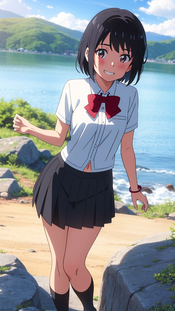 shinkai makoto, kimi no na wa., 1girl, bangs, black hair, blush, expressive eyes, brown eyes, perfect face, looking at the viewer, white shirt, exposed navel, bare shoulders, red headband, red bow, black skirt, short hair, solo, outdoors, shinny skin, smile, cute, grin, cloudy, blue sky, mountains, rocks, standing, (masterpiece), best quality