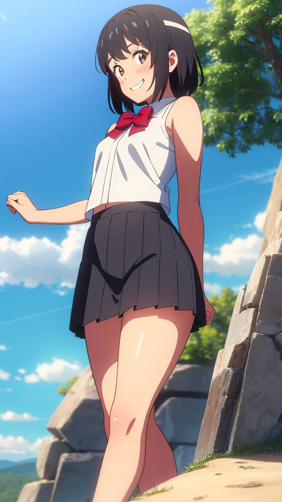 shinkai makoto, kimi no na wa., 1girl, bangs, black hair, blush, expressive eyes, brown eyes, perfect face, looking at the viewer, white shirt, exposed navel, bare shoulders, red headband, red bow, black skirt, short hair, solo, outdoors, shinny skin, smile, cute, grin, cloudy, blue sky, mountains, rocks, standing, (masterpiece), best quality