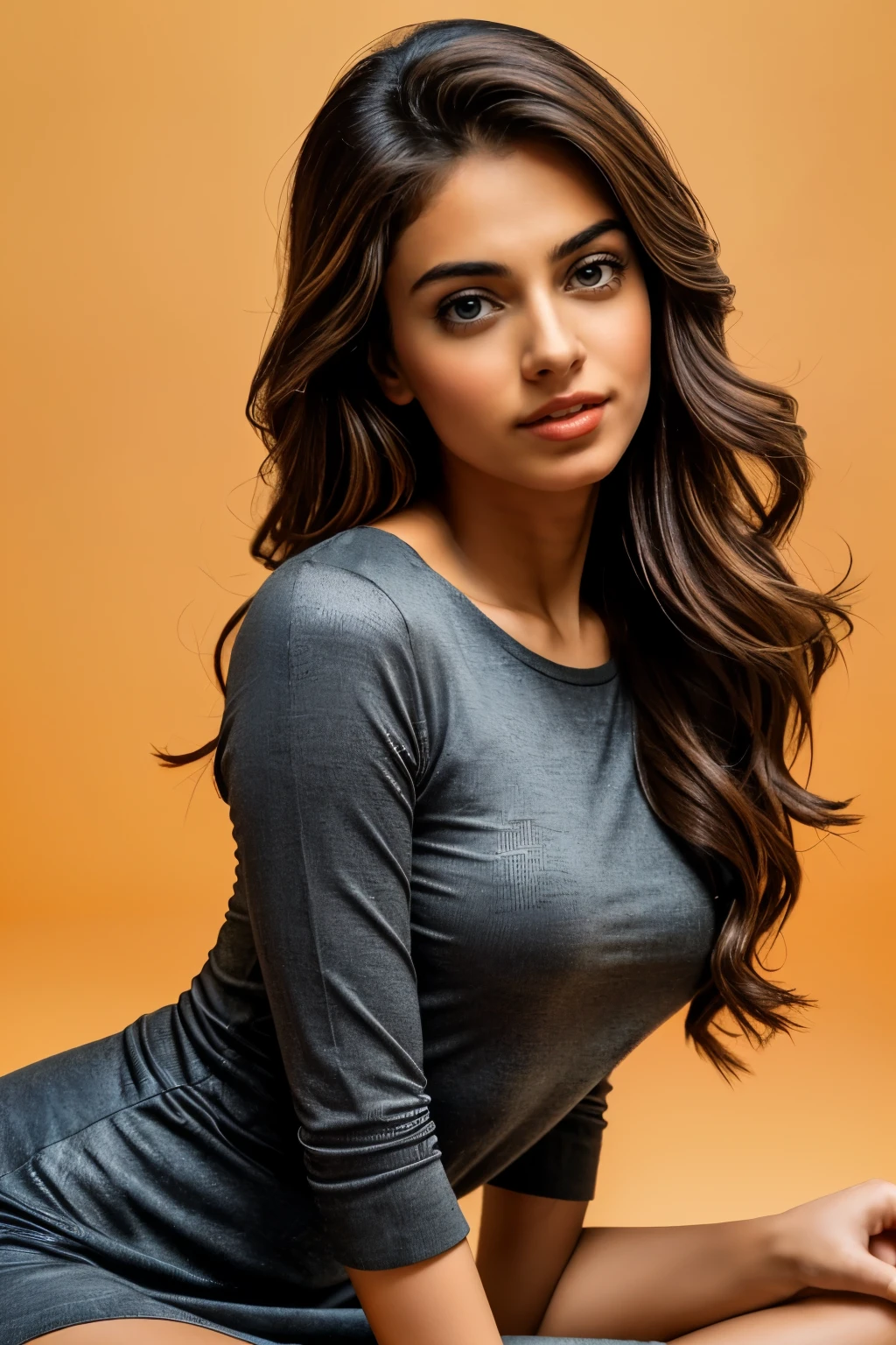 Indian female Instagram model(masterpiece,best quality, ultra realistic,32k,RAW photo,detail skin, 8k uhd, dslr,high quality, film grain:1.5),
long hair, Golden brown hair:1.1,portrait,lady, brown eyes, deep red Patterned Socks with Dress Shoes., freckles,
(Text print gradient background,led light, edge light, simple background)