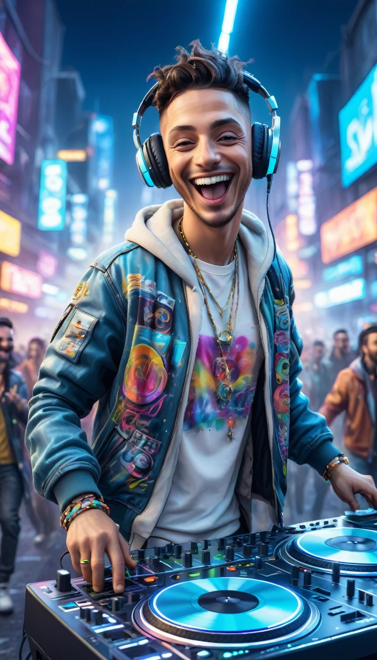 adult brunette man dressed in urban clothes, on a white background, he is a disc jockey and is PLAYING and DANCING his music for a crowd and holographic signs, HAPPY on the road. are drinking and laughing, The background is modern and cyberpunk, high tech vibe. adorable digital painting, 3D rendering, bright lighting, swirly vibrant colors. adult people, pessoas bonitas, different faces.