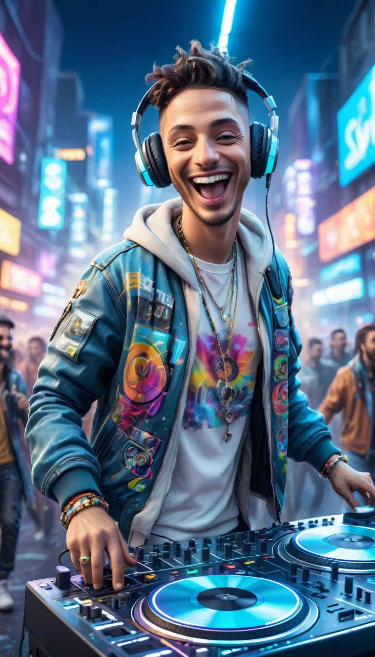 adult brunette man dressed in urban clothes, on a white background, he is a disc jockey and is PLAYING and DANCING his music for a crowd and holographic signs, HAPPY on the road. are drinking and laughing, The background is modern and cyberpunk, high tech vibe. adorable digital painting, 3D rendering, bright lighting, swirly vibrant colors. adult people, pessoas bonitas, different faces.