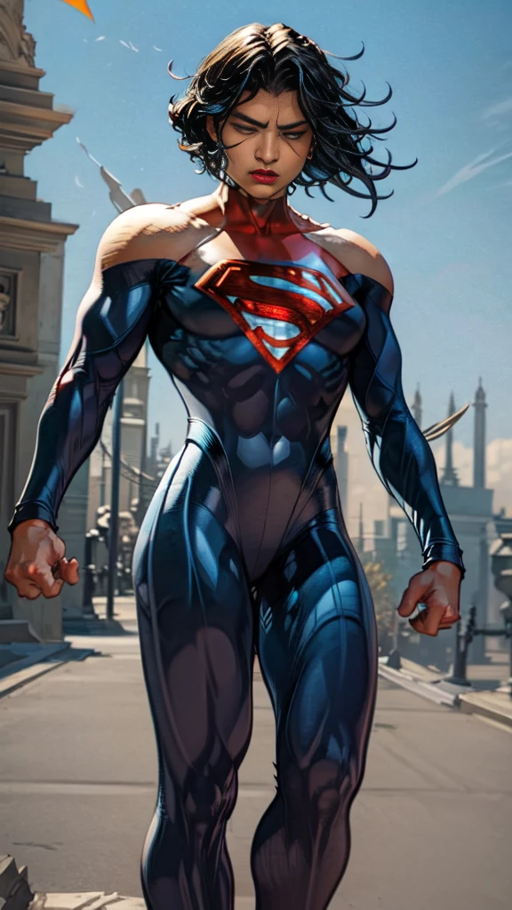 solo, 1girl, 5uper, supergirl, black hair, pixie haircut, blue eyes,muscular strong body,big bulging biceps, blue bodysuit,posing,flexing, long sleeves,high detail,realistic
