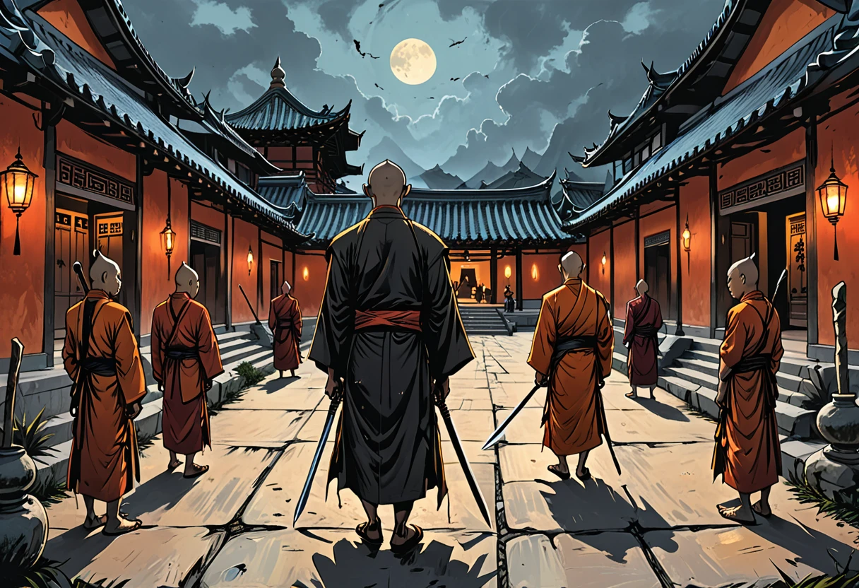  (graphic novel style, dark novel style, comic style, 2d:1.5), (hyperrealism, masterpiece:1.4), (colourful, soft cinematic light:1.1), incredibly lifelike, Extremely high-resolution details, 8k, 
Many monks with stakes surrounded a black demon with horns, Buddhist monks with stakes, in the courtyard of a Buddhist temple, outside, ((night)), Angry monks in kashaya,weapons in hands, spears, swords,