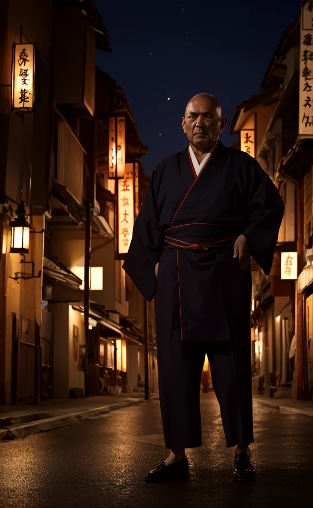Full Body Shot、8k、Ultra HD、Horror-themed movie stills,Standing eerily in the middle of the city at night、A short, skinny, bald old man wearing a traditional Japanese kimono with narrow eyes and a large head、