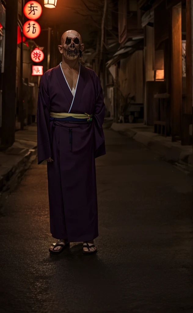 Full Body Shot、8k、Ultra HD、Horror-themed movie stills,Standing eerily in the middle of the city at night、A short, skinny, bald old man wearing a traditional Japanese kimono with narrow eyes and a large head、