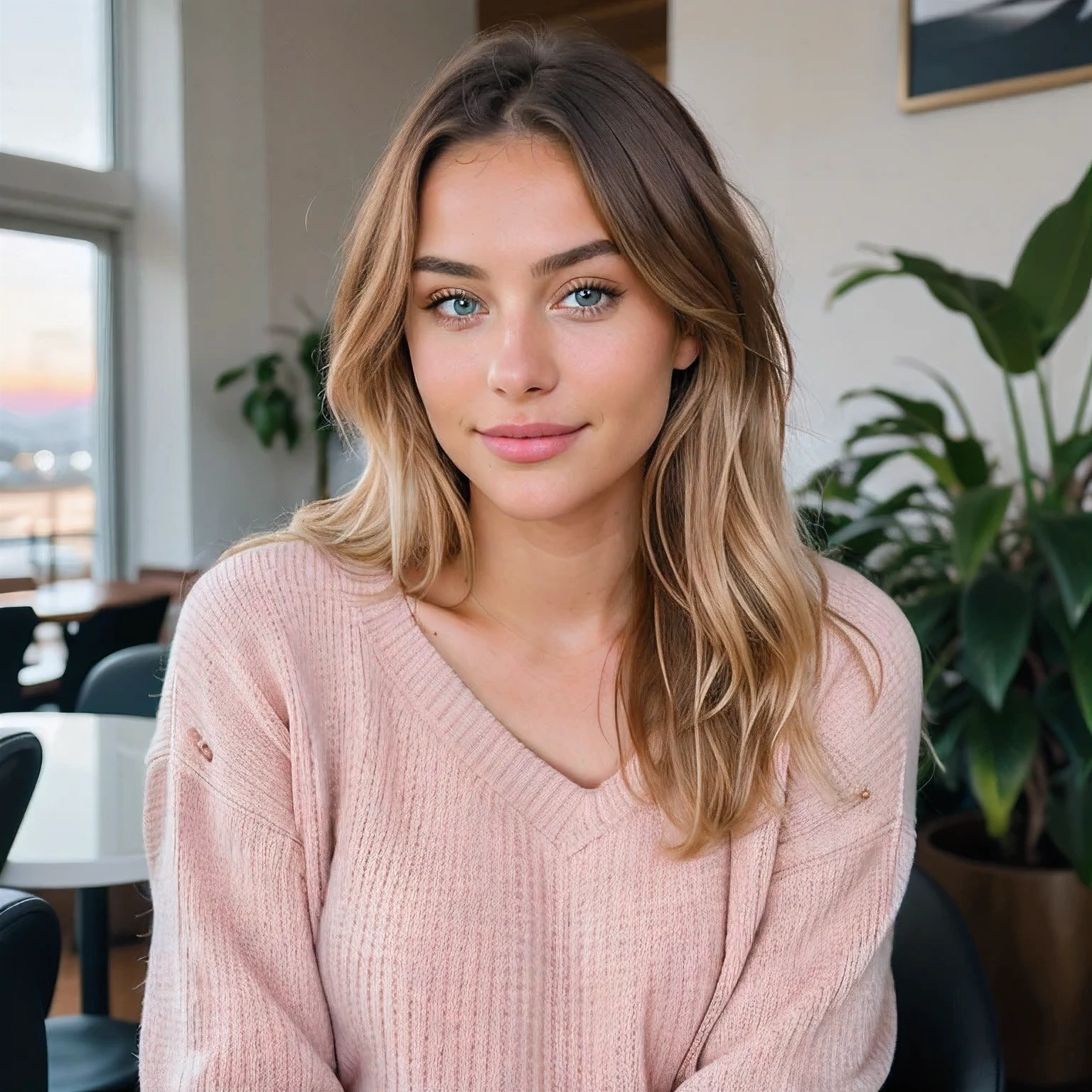 beautiful blonde in a pink sweater (inside a modern cafe at sunset), very detailed, 21 years old, innocent face, natural wavy hair, Blue eyes, a high resolution, masterpiece, Best quality, complex parts, very detailed, Sharp Focus, detailed skin, realistic skin texture, texture, detailed eyes, professional, 4K, charming smile, shot on Canon, 85 mm, shallow depth of field, цвет Kodak Vision, perfect body, extremely detailed, Photo_\(Ultra\), Photorealistic, realistic, Post-processing, Maximum detail, roughness, real life, Ultra realistic, Photorealism, Photo, contract for 8 thousand., Photo