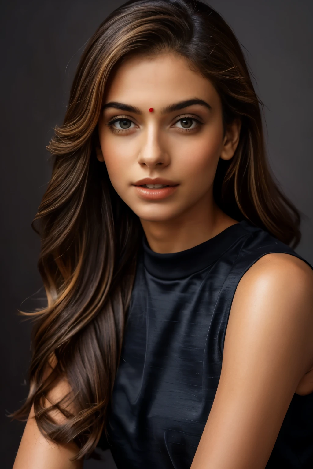 Indian female Instagram model(masterpiece,best quality, ultra realistic,32k,RAW photo,detail skin, 8k uhd, dslr,high quality, film grain:1.5),
 long hair, Golden brown hair:1.1,portrait,lady,  brown eyes, deep red Patterned Socks with Dress Shoes., freckles,
(Furry print gradient background,led light, edge light, simple background)