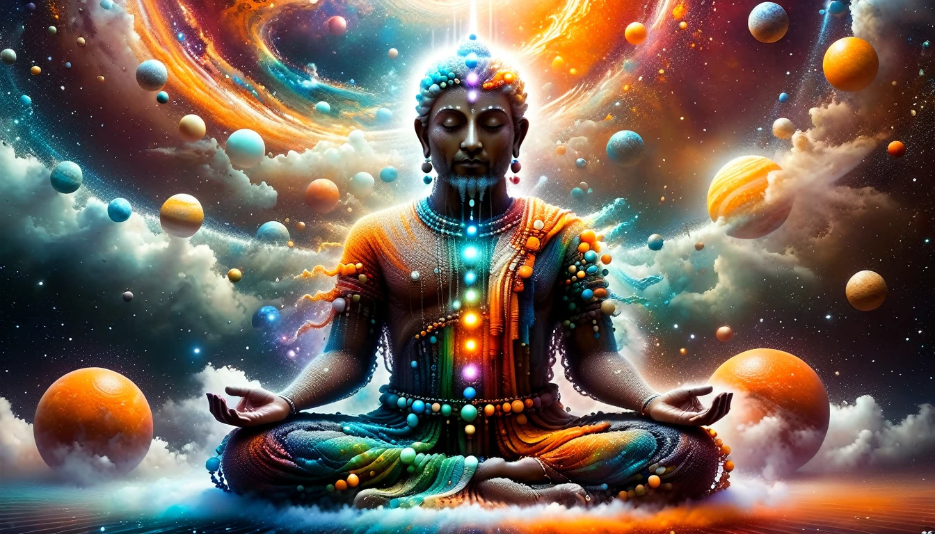 Crie uma imagem no estilo xilogravura quantum art arte digital arte surreal que retrate uma figura mística que foi escolhida pelos deuses,chosen one, with divine characteristics, a figura e um chosen one pelos deuses da espiritualidade,the figure is shrouded in clouds looking at the planets and ancestral signs,quantum art,the figure may be meditating,or praying, Use a vibrant color palette, to create heavenly contrast and a stunning visual effectincluindo azuis, oranges and whites, to create heavenly contrast and a stunning visual effect