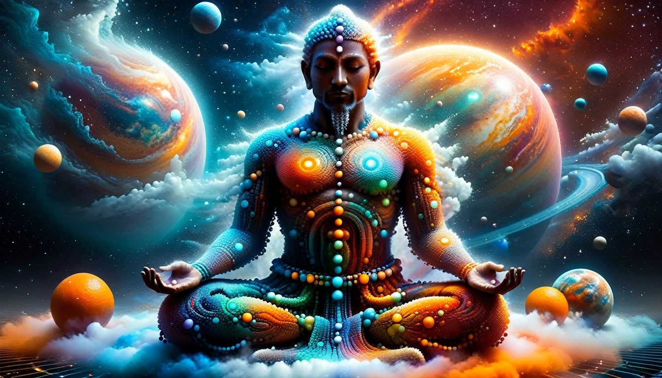 Crie uma imagem no estilo xilogravura quantum art arte digital arte surreal que retrate uma figura mística que foi escolhida pelos deuses,chosen one, with divine characteristics, a figura e um chosen one pelos deuses da espiritualidade,the figure is shrouded in clouds looking at the planets and ancestral signs,quantum art,the figure may be meditating,or praying, Use a vibrant color palette, to create heavenly contrast and a stunning visual effectincluindo azuis, oranges and whites, to create heavenly contrast and a stunning visual effect