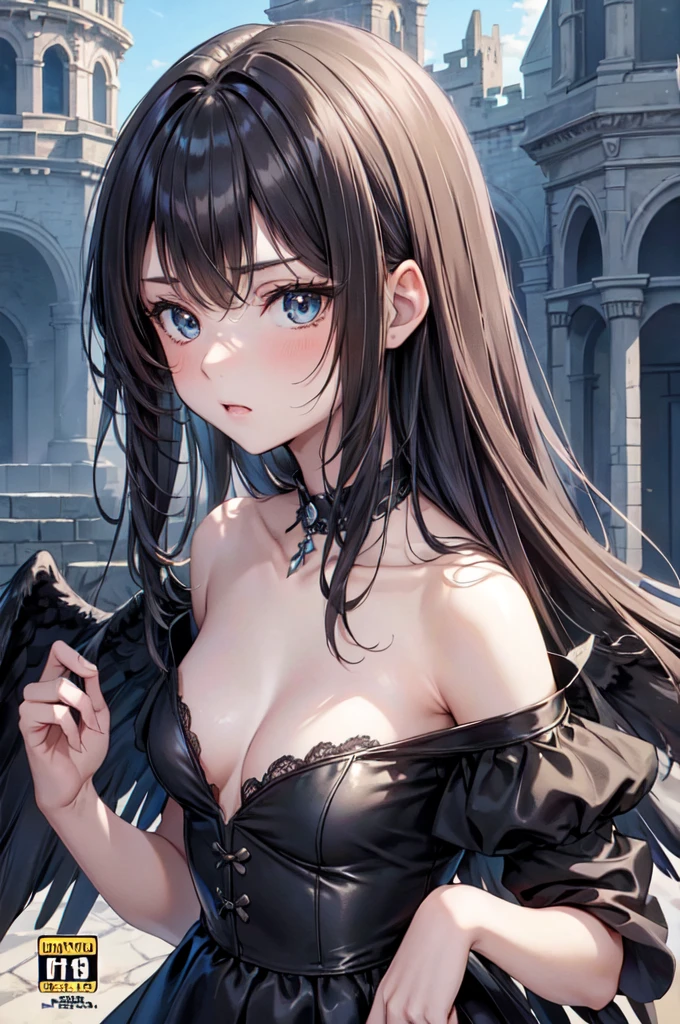masterpiece, Angel Girl, young,,Brunette with wings, Heart neckline,Black dress with feathers, Close-up portrait, Delicate face, Lots of black feathers, silver,Black Wings, Blue sky, cloud, castle, whole body,(Cover Style:1.3),anger,Veins popping out,fury ,ruins