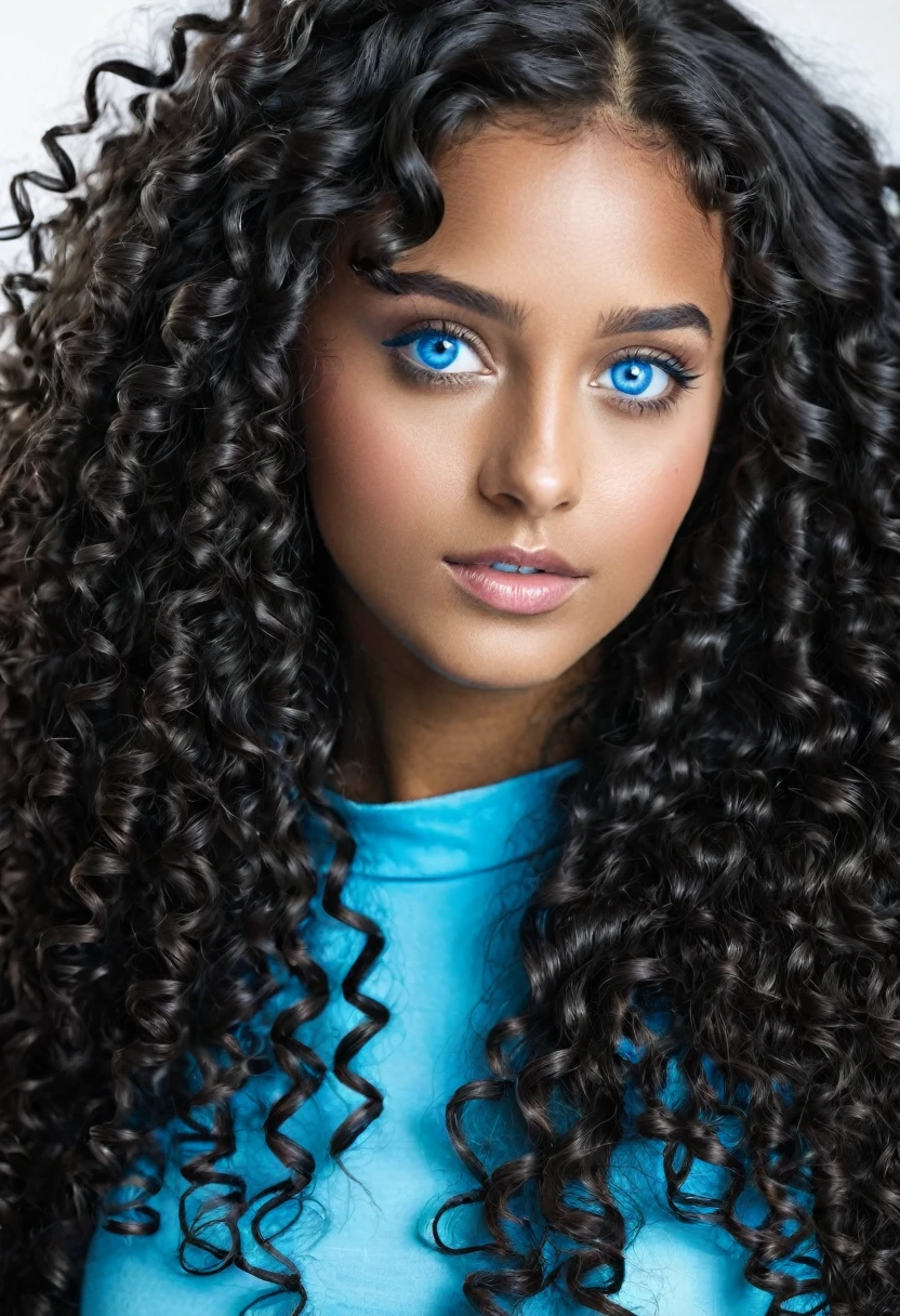 ablack girl with super very very long curly hair and blue eyes