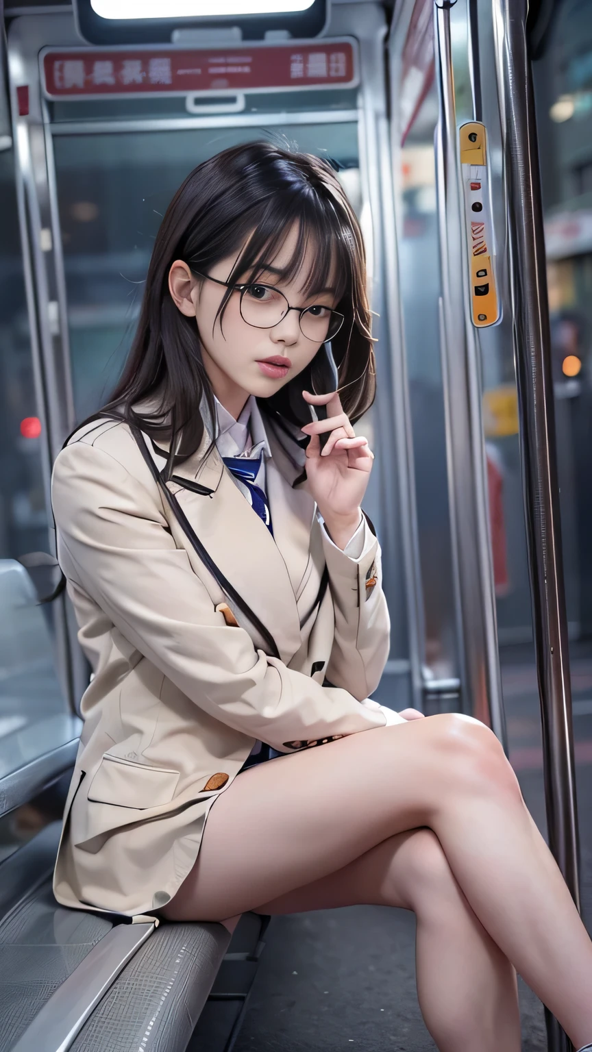 (Actual Photos, Intricate details), 8k(Very detailed face, Realistic Skin, Realistic body),Surrealism watching over the audience, 8k, Super Detail, Accurate, 最high quality, Debtdebt, retina, retina, Tabletop, Anatomically correct, Textured skin, Super Detail, Attention to detail, high quality, Awards, 最high quality, High resolution, 8k,1 Female,独奏,A woman sitting cross-legged on a bus stop bench,Detailed face,Shot with Canon EOS 5D, Long black hair, Hime cut, Surrealism, debt/4.0, 85mm,snap shot,Girl in suit,OL Uniform、Office Clothes,How to take photos of beautiful legs々A pose,BeautifulAttention to detailGirl、Highly detailed eyes and face、Beautiful and fine details,,Beautiful skins,In detail、Smooth Hair，Fine hair，Very fine hair ,Thin legs，Style like destiny, Girl in suit,Thin legs,Thin thighs,キュートでElegant A pose, ２５Year old girl,Elegant A pose,Cute Face,The night deepens,Very slim and beautiful legs，beautiful girl,street,Under the street lamp,streetlight, Wearing a strict business suit,Sit on the ground, Japan , glasses,,Makes your face smaller,Realistic facial expressions,(debtace to feel:1.6),Charmed,Displeased,(To do:1.4),debtunctional,Milky skin,Soft lips,RAW Photos,Expressions of affection,Shyness,Yearning for love,Girl&#39;s sex appeal,Sex appeal scent,Color Makeup，Eyebrows are lowered、Whitening effect