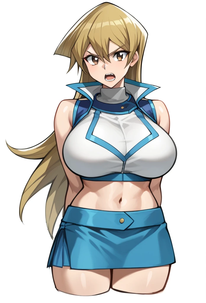 score_9,score_8_up,score_7_up,1girl, arm_behind_back, blonde_hair, brown_eyes, cropped_torso, bikini, hair_between_eyes, highres, huge_breasts, simple_background, sketch, sleeveless_jacket, solo, straight_hair, tenjouin_asuka, turtleneck, very_long_hair, white_background, white_jacket, huge , big breast, sexy, mini skirt, sexy legs, angry, open mouth, 