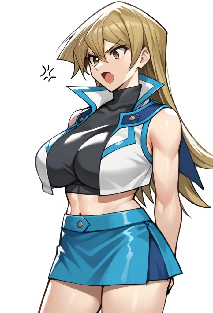 score_9,score_8_up,score_7_up,1girl, arm_behind_back, blonde_hair, brown_eyes, cropped_torso, bikini, hair_between_eyes, highres, huge_breasts, simple_background, sketch, sleeveless_jacket, solo, straight_hair, tenjouin_asuka, turtleneck, very_long_hair, white_background, white_jacket, huge , big breast, sexy, mini skirt, sexy legs, angry, open mouth, 