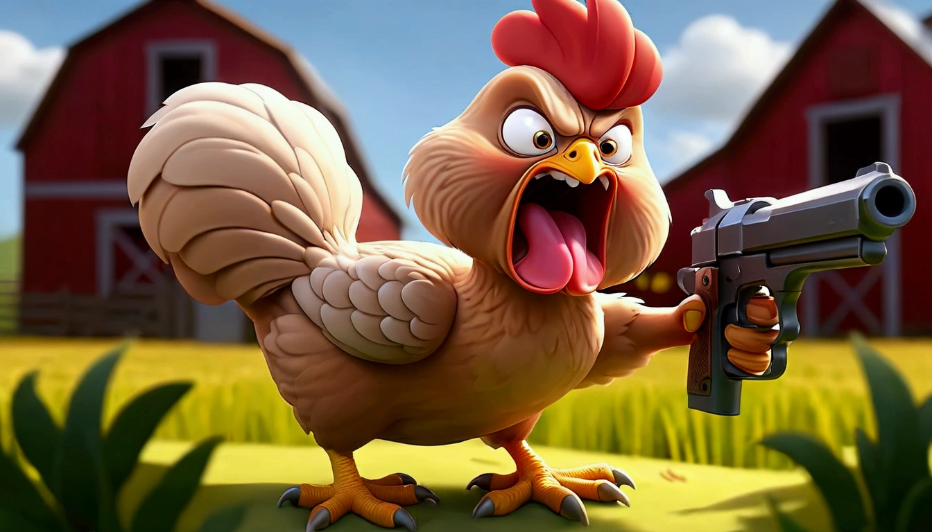 An angry hen with a pistol in its hand, the style is cartoon, it is on a farm, surrounded, Full HD, Best Quality