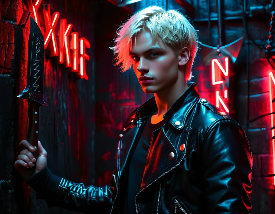 Hyper realistic, dark vibes, solo, young male model, round face, 22 years, pale skin, blue eyes, (short cropped textured blond hair:1.1), tussled side swept fringe, black leather jacket, (holding knife:1.1), dark lighting, standing inside BDSM dungeon room, (smirk:1.1), (red neon sign in background that says "CONTEXT":1.2)