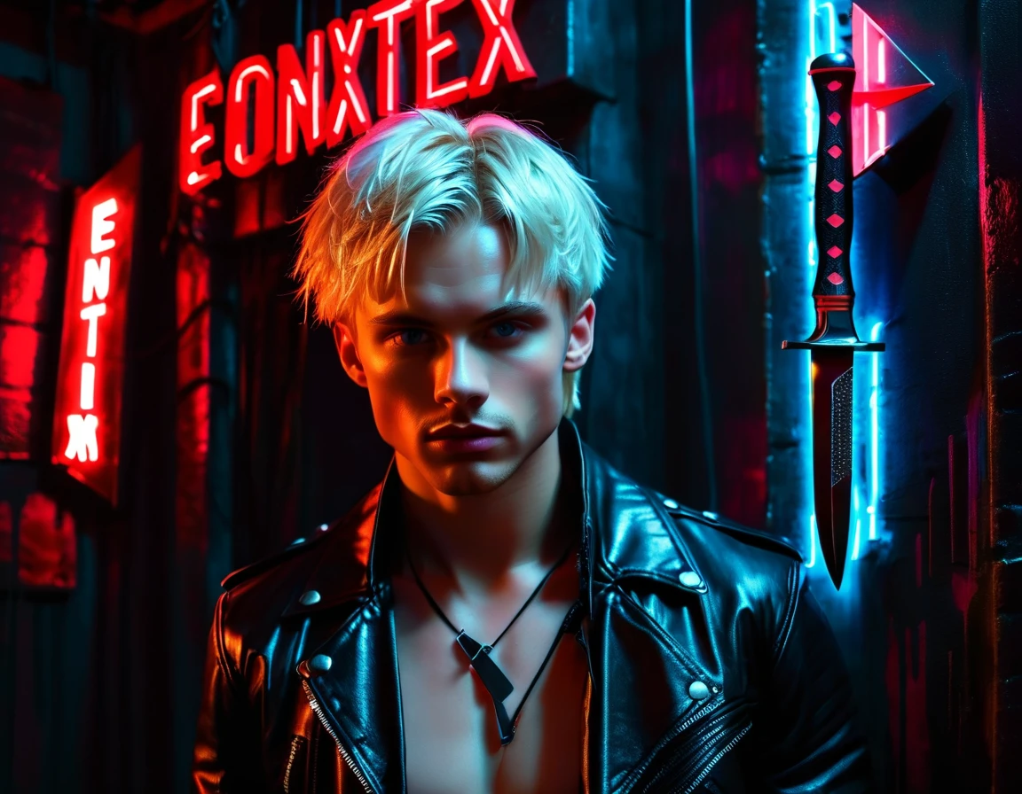 Hyper realistic, dark vibes, solo, young male model, round face, 22 years, pale skin, blue eyes, (short cropped textured blond hair:1.1), tussled side swept fringe, black leather jacket, (holding knife:1.1), dark lighting, standing inside BDSM dungeon room, (smirk:1.1), (red neon sign in background that says "CONTEXT":1.2)