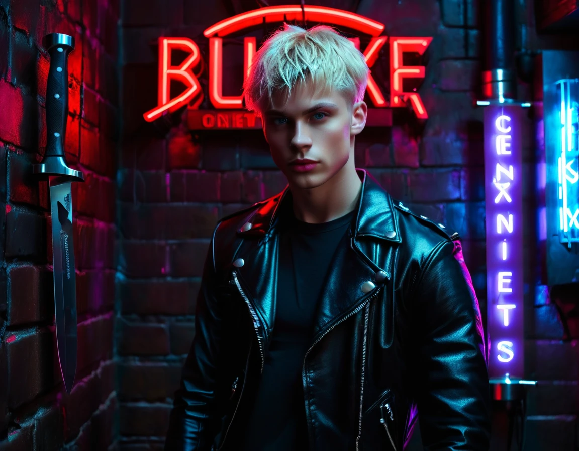 Hyper realistic, dark vibes, solo, young male model, round face, 22 years, pale skin, blue eyes, (short cropped textured blond hair:1.1), tussled side swept fringe, black leather jacket, (holding knife:1.1), dark lighting, standing inside BDSM dungeon room, (smirk:1.1), (red neon sign in background that says "CONTEXT":1.2)