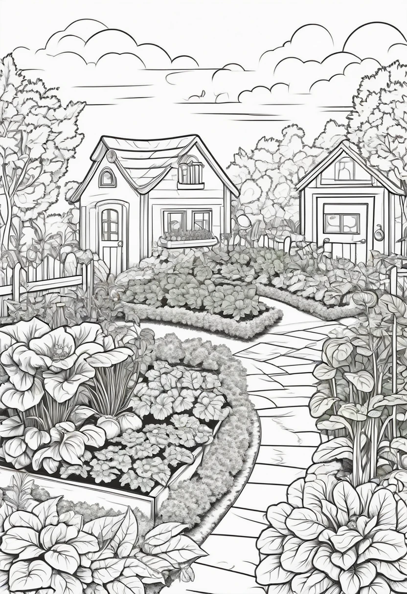coloring page for kids, Vegetable garden with various plants, cartoon style, thick lines
